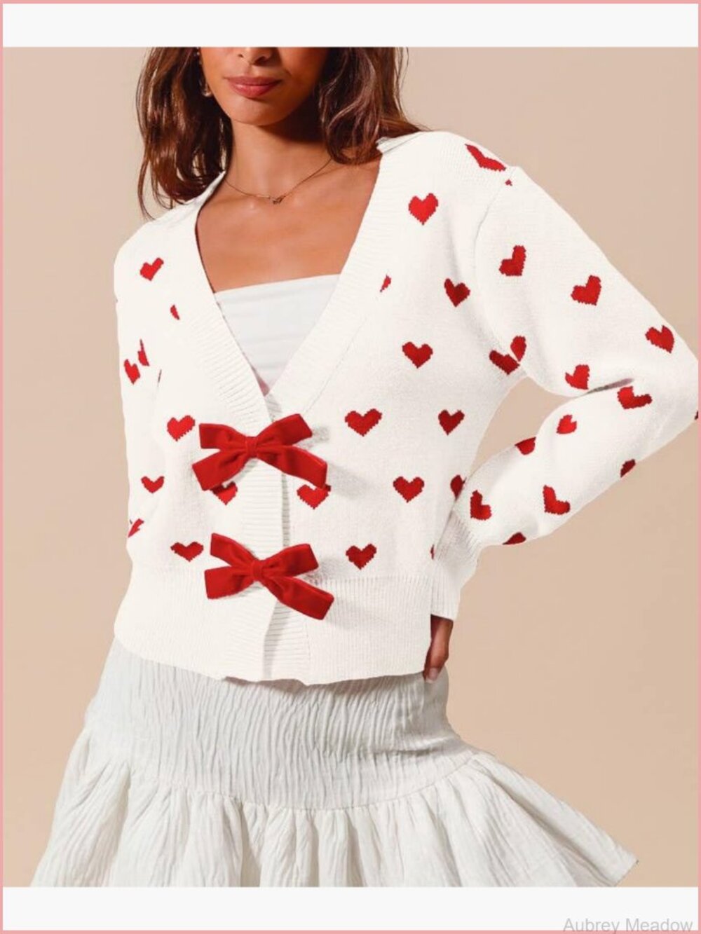 Sequin Heart Bow Tie Cardigan Open Front Knitted Long Sleeve Sweater - Picture 2 of 2